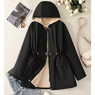 【ACheter】 連帽派克服寬鬆加絨加厚收腰中長外套# 126554 3XL 黑色