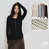 【BODYAIR嚴選】圓領輕暖羊毛天絲半扣型上衣(蓄熱.長袖.內搭.T恤.保暖.CASUAL) M 黑