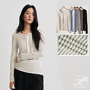 【BODYAIR嚴選】圓領輕暖羊毛天絲半扣型上衣(蓄熱.長袖.內搭.T恤.保暖.CASUAL) M 條紋