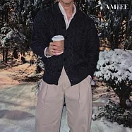 【AMIEE】加厚復古粗線翻領毛衣外套(男裝/KDTQ-W109) 3XL 黑色