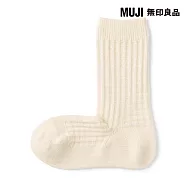 【MUJI 無印良品】女足口柔軟羊毛混鬆餅紋直角襪23-25cm 柔白