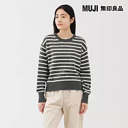 【MUJI 無印良品】女水洗羊毛中密織圓領針織衫 S 墨灰橫紋