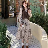 【初色】新中式印花長袖圓領中長連衣裙連身洋裝+純色V領馬甲背心女背心套裝-咖色背心花裙-16371(M-2XL可選) M 咖色背心花裙