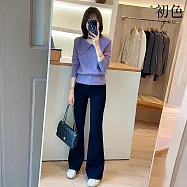 【初色】慵懶鬆弛風翻領長袖針織衫上衣女上衣+純色休閒褲寬褲長褲套裝-紫衣黑褲-16358(F可選) F 紫衣黑褲