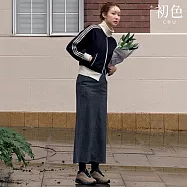 【初色】高領口袋拼色長袖外套女外套+條紋直筒長裙半身裙套裝-藏青衣條紋裙-16363(M-XL可選) XL 藏青衣條紋裙