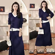 【初色】小香風拼接撞色假兩件V領長袖針織衫上衣+純色中長裙半身裙套裝-共2色-16364(F可選) F 藏青色