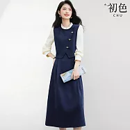 【初色】法式拼接撞色假兩件花邊立領長袖高腰A字中長連衣裙連身洋裝-深藍色-16403(M-2XL可選) M 深藍色