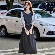 【初色】撞色拼接肌理感寬鬆假兩件圓領長袖襯衫+A字裙半身裙中長裙套裝-灰色-16408(M-2XL可選) M 灰色