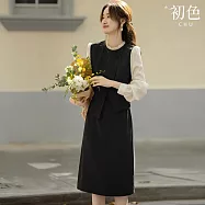 【初色】輕熟風拼接撞色假兩件木耳邊立領長袖高腰A字裙中長裙連衣裙連身洋裝-黑色-16412(M-2XL可選) M 黑色