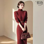 【初色】氣質純色軟糯修身立領長袖針織毛衣連衣裙連身洋裝長洋裝-共4色-16335(F可選) F 紅色