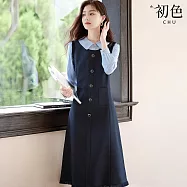 【初色】輕奢風簡約顯瘦拼接條紋假兩件POLO領長袖高腰A字裙中長裙連衣裙連身洋裝-藏青色-16416(M-2XL可選) M 藏青色