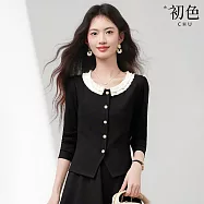 【初色】小香風撞色圓珠花邊領通勤單排釦長袖開衫上衣女上衣-黑色-16496(M-2XL可選) M 黑色