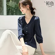 【初色】法式純色V領收腰繫帶單排釦泡泡袖襯衫上衣女上衣-藏青色-16493(M-2XL可選) M 藏青色