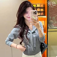 【初色】休閒簡約撞色線條披肩綁帶V領長袖針織毛衣上衣女上衣-共3色-16386(F可選) F 灰色