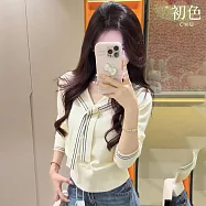 【初色】休閒簡約撞色線條披肩綁帶V領長袖針織毛衣上衣女上衣-共3色-16386(F可選) F 杏色