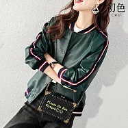 【初色】休閒寬鬆拼接撞色皮質排扣圓領長袖夾克棒球外套女外套-綠色-16417(M-2XL可選) M 綠色