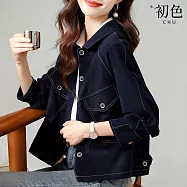 【初色】韓系純色翻領口袋排釦短款長袖夾克牛仔外套女外套-藏青色-16419(M-2XL可選) M 藏青色