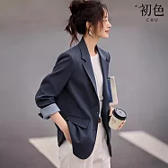 【初色】通勤風撞色修身翻領長袖後開衩簡約西裝外套女外套-灰藍色-16505(M-XL可選) XL 灰藍色