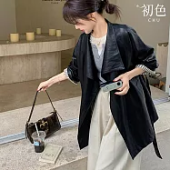 【初色】港風拼接條紋腰帶立領口袋長袖皮衣外套女外套-黑色-16399(M-2XL可選) M 黑色