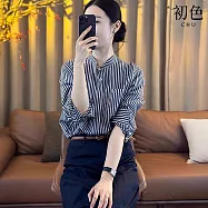 【初色】通勤風圓領長袖單排扣條紋上衣女上衣/素色百搭中長裙-共2款-16492(M-XL可選) M 條紋上衣