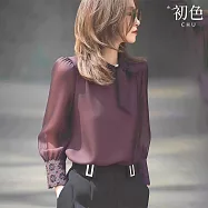 【初色】通勤風純色圓領飄結蕾絲袖口長袖襯衫上衣女上衣-深紫色-16485(M-2XL可選) L 深紫色