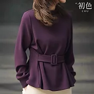 【初色】休閒簡約典雅通勤修身收腰綁帶圓領長袖上衣女上衣-紫色-16479(M-2XL可選) 2XL 紫色