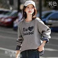 【初色】拼接格紋排釦字母印花圓領長袖T恤上衣女上衣-灰色-16340(M-2XL可選) L 灰色