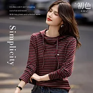 【初色】撞色條紋抽繩連帽領長袖帽T上衣女上衣-紅色-16341(M-2XL可選) XL 紅色