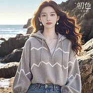 【初色】休閒條紋拉鍊連帽領抽繩長袖帽T上衣女上衣-灰色-16389(M/L可選) M 灰色