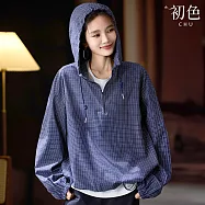 【初色】美式純色格紋寬鬆大碼拉鍊門襟抽繩長袖連帽上衣女上衣-藏藍色-16491(L-5XL可選) 5XL 藏藍色