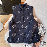 【初色】文藝風刺繡半立領無袖新中式保暖鋪棉背心休閒外套女外套-共2色-39850(M-2XL可選) 2XL 藏青色