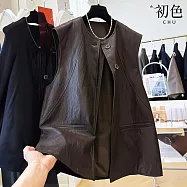 【初色】簡約休閒防潑水別緻線條排扣皮質圓領無袖馬甲外搭背心女背心-共2色-16469(M-2XL可選) XL 咖色