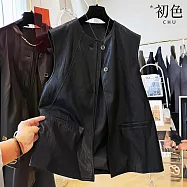 【初色】簡約休閒防潑水別緻線條排扣皮質圓領無袖馬甲外搭背心女背心-共2色-16469(M-2XL可選) M 黑色