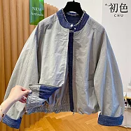 【初色】休閒撞色拼接牛仔寬鬆立領拉鍊棒球服夾克外套女外套-淺灰色-16441(L/XL可選) L 淺灰色