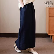 【初色】文藝純色抽繩鬆緊腰寬鬆A字裙棉麻風格中長裙半身裙長裙-共5色-16471(M-2XL可選) XL 藏青色