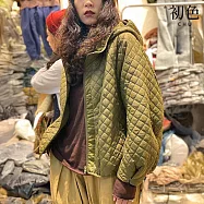 【初色】復古風純色圓領長袖拉鍊菱形格紋連帽薄外套女外套-共2色-16453(L-2XL可選) L 軍綠色