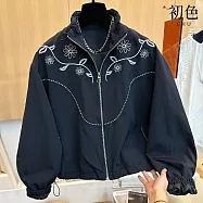 【初色】休閒簡約繡花刺繡立領拉鍊寬鬆長袖夾克外套女外套-藏青色-16467(M-2XL可選) M 藏青色