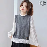 【初色】假兩件雅致條紋褶皺木耳邊針織圓領長袖襯衫上衣女上衣-共2色-16575(F可選) F 灰色