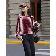 【MsMore】 城市平行線復古撞色條紋圓領上衣# 126441 M 紅色