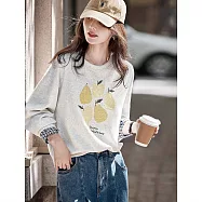 【MsMore】 水果印花甜美顯瘦百搭休閒格紋拼接長袖上衣# 126514 XL 灰色