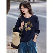 【MsMore】 水果印花甜美顯瘦百搭休閒格紋拼接長袖上衣# 126514 XL 藏青色