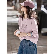 【MsMore】 水果印花甜美顯瘦百搭休閒格紋拼接長袖上衣# 126514 L 紫色