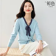 【初色】甜美風拚色蝴蝶結綁帶V領排釦長袖修身針織衫上衣女上衣-藍色-16583(F可選) F 藍色
