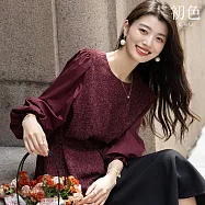 【初色】簡約顯瘦收腰綁帶百褶袖微裙襬圓領澎澎袖長袖上衣女上衣-酒紅色-16663(M-3XL可選) XL 酒紅色