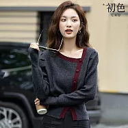 【初色】休閒簡約撞色開岔收腰針織斜領澎澎袖長袖上衣女上衣-灰色-16664(F可選) F 灰色