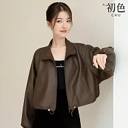 【初色】純色復古高領拉鍊長袖寬鬆短版PU皮仿皮革機車皮衣夾克外套女外套-共2色-16616(M-XL可選) M 咖啡色