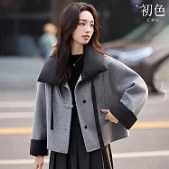 【初色】日系慵懶風修身撞色拼接毛呢綁帶翻領長袖短版大衣外套女外套-共3色-16617(M-XL可選) L 灰色