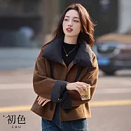 【初色】日系慵懶風修身撞色拼接毛呢綁帶翻領長袖短版大衣外套女外套-共3色-16617(M-XL可選) L 摩卡色