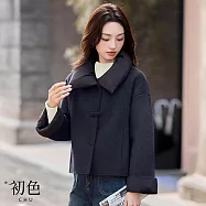 【初色】日系慵懶風修身撞色拼接毛呢綁帶翻領長袖短版大衣外套女外套-共3色-16617(M-XL可選) XL 深藏青