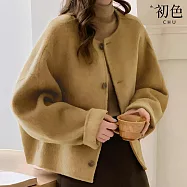 【初色】小香風純色排釦長袖圓領毛呢大衣外套女外套-共3色-16618(M/L可選) L 駝色